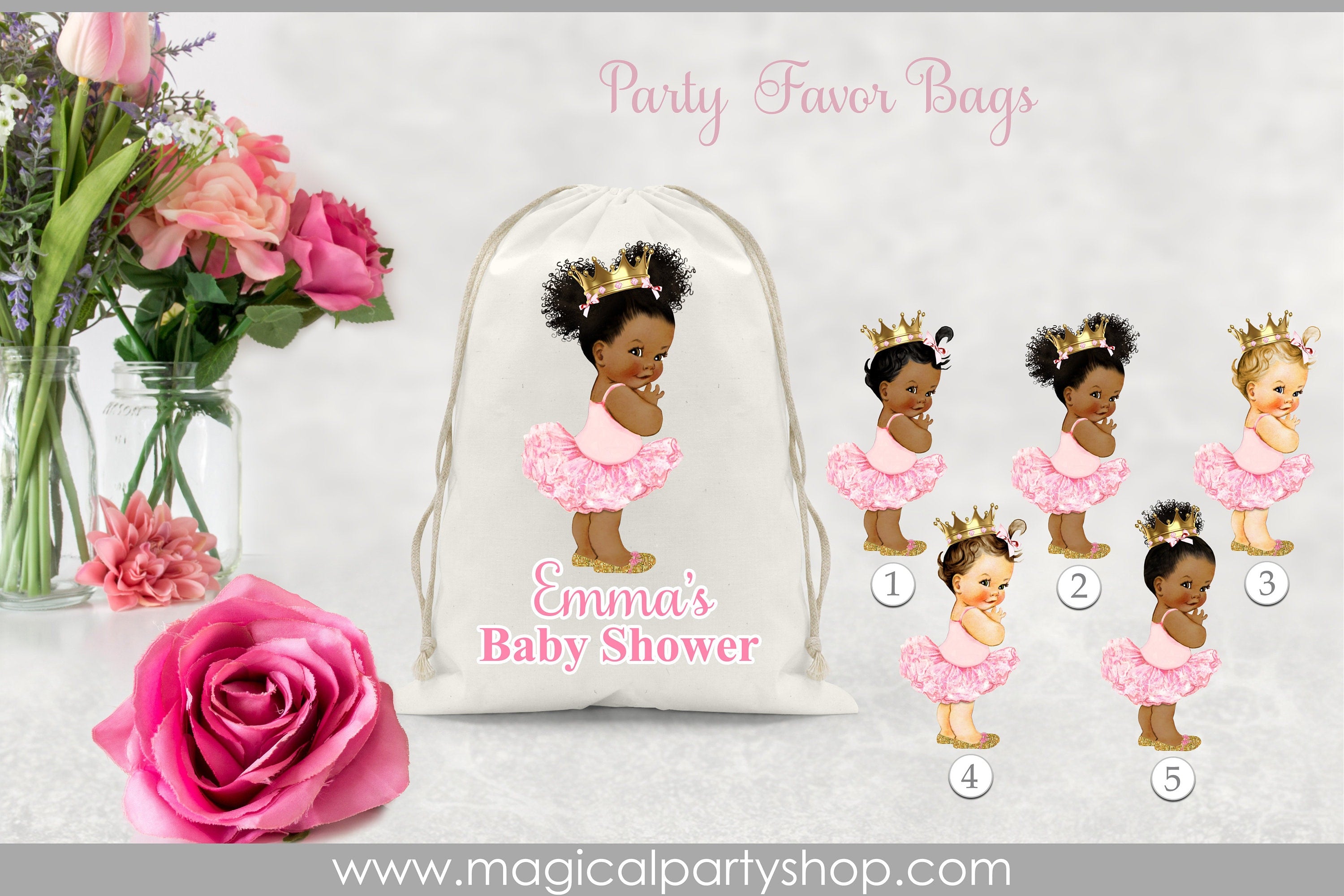 Baby Shower Favor Bags | Princess Ballerina Pink Gold | Vintage Baby Girl African American | Personalized Favor Bags | Custom Goodie Bags
