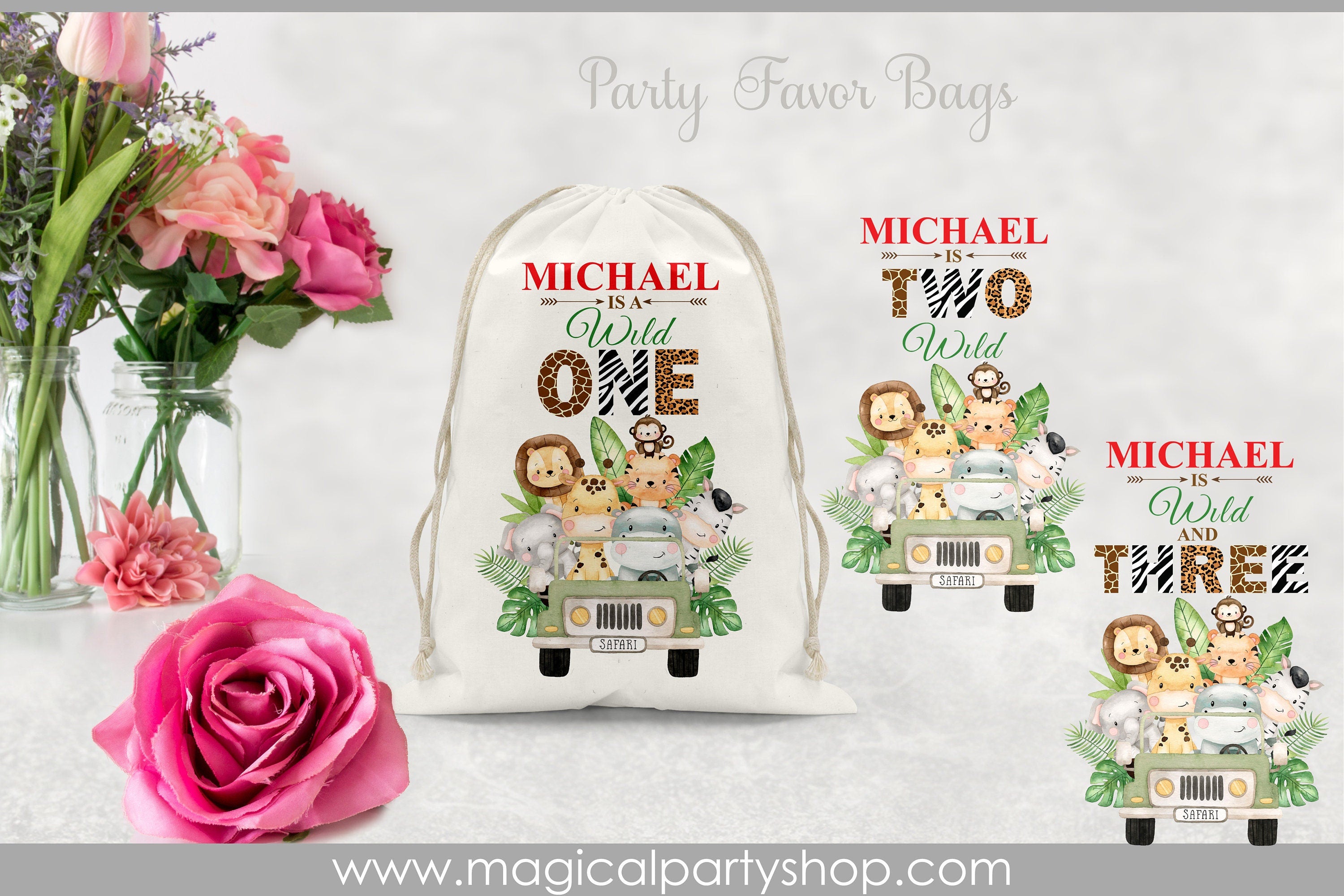 Wild One Favor Bags | Elephant, Giraffe, Lion Baby Shower Party Favors | Safari Animal Party | Baby Animals | Safari favor Bags | Two Wild