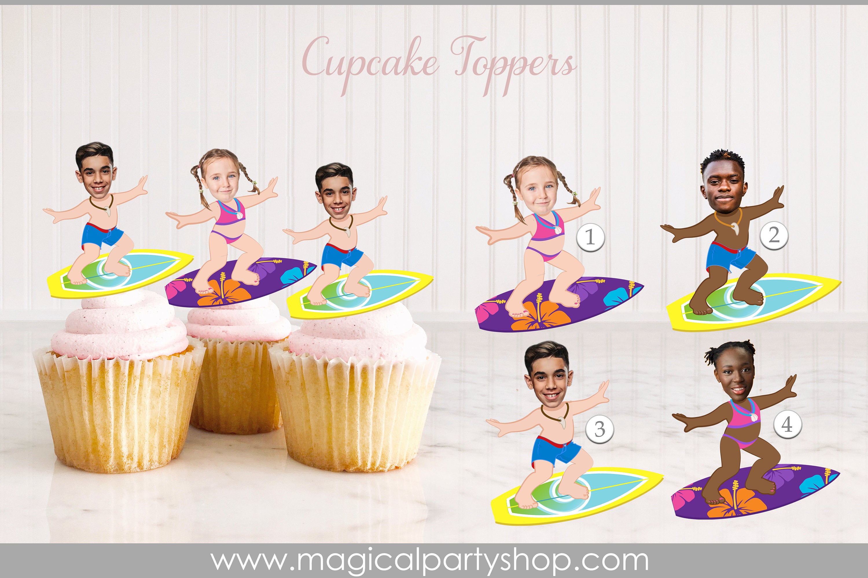 Surfer Girl Cupcake Toppers | Surfer Boy Cupcake Toppers | Face Photo Cupcake Topper | Cupcake Toppers |