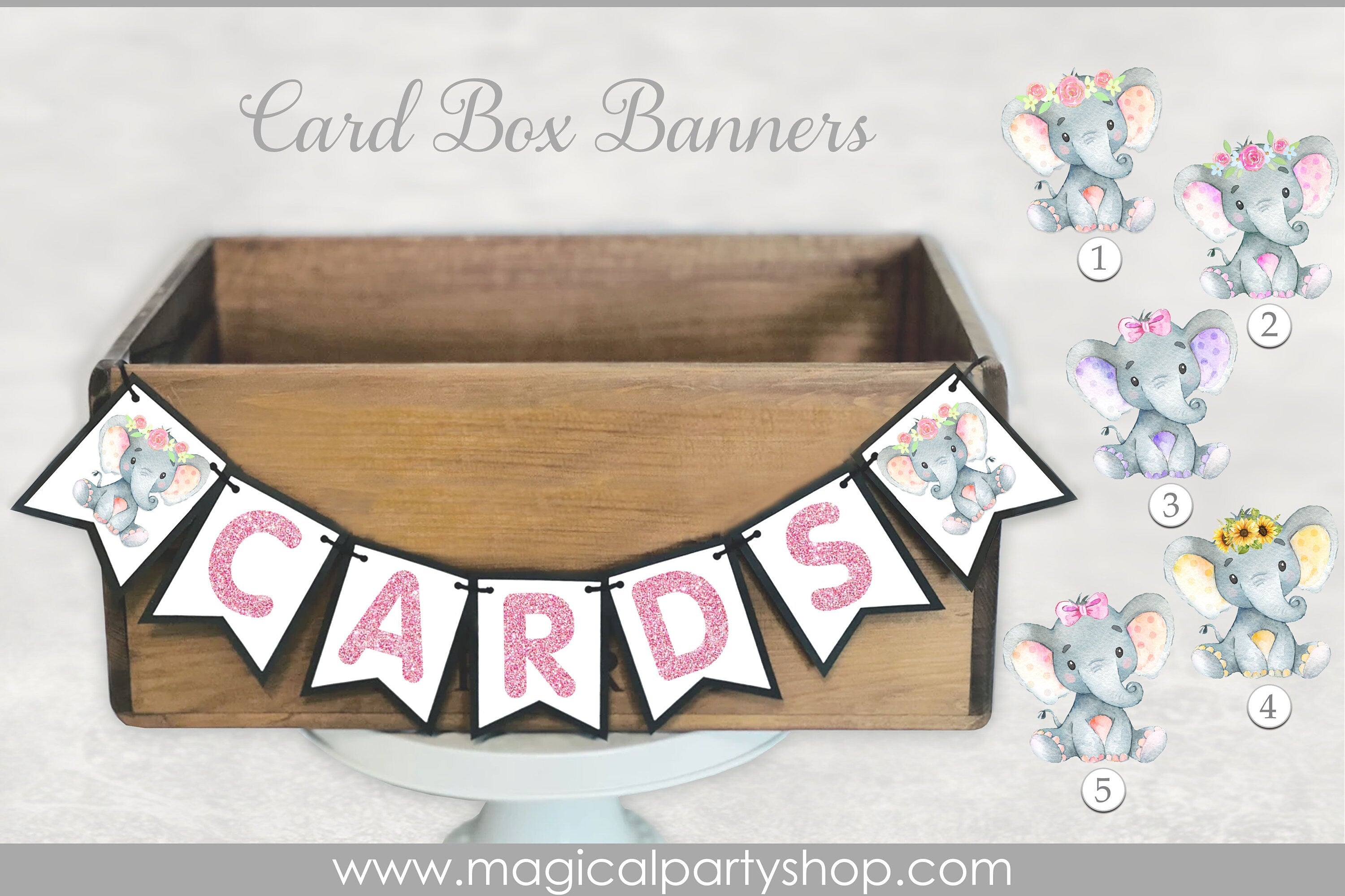 Elephant Baby Shower Card Box Banner | Elephant Party Decor | Elephant Cupcake Toppers | Girl Baby Shower | Sunflower Elephant | Its a Girl