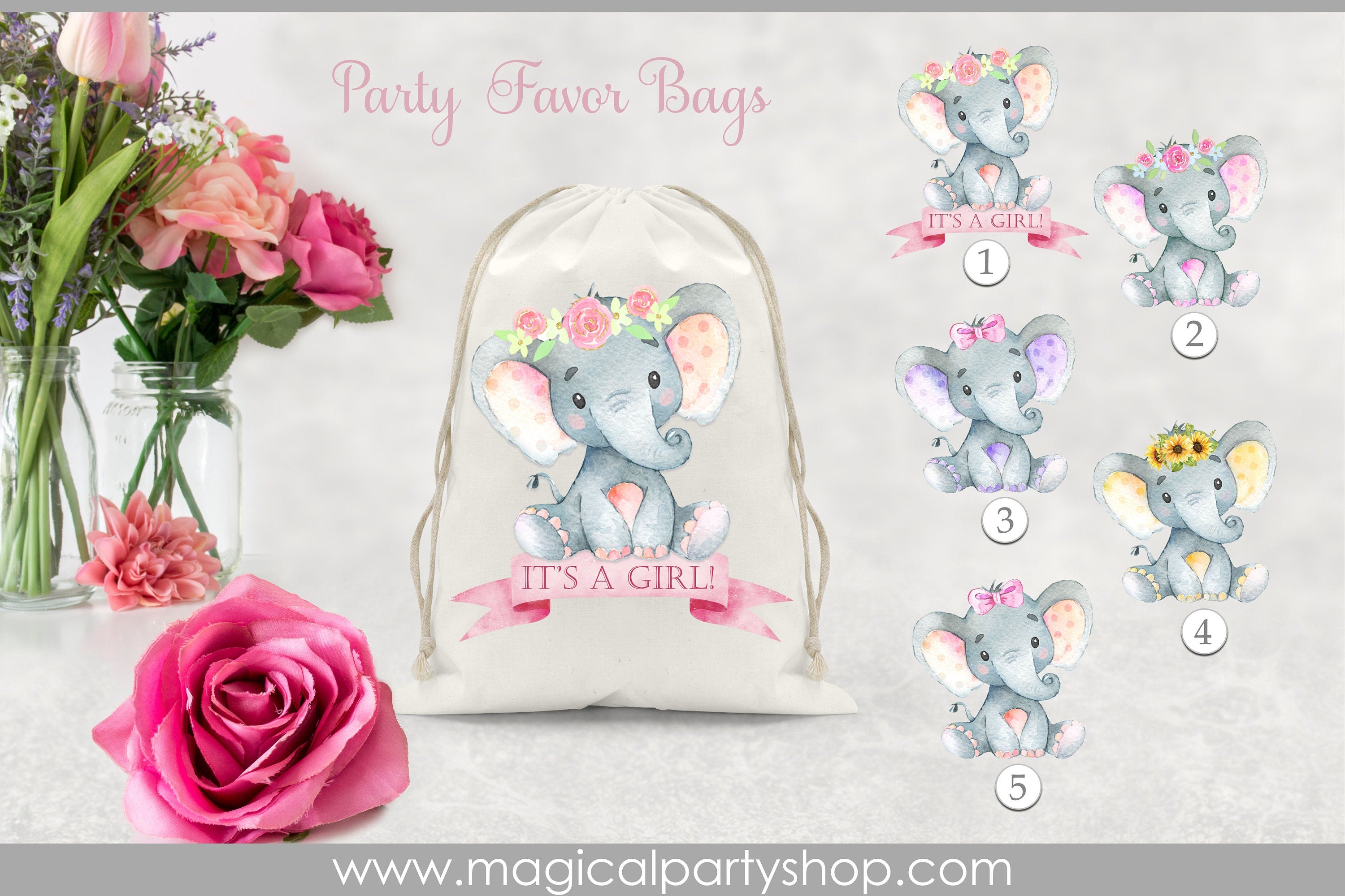Elephant Baby Shower Party Favor Bags | Elephant Party Decor | Elephant Cupcake Toppers | Boy Girl Shower | First Birthday | Its a Girl