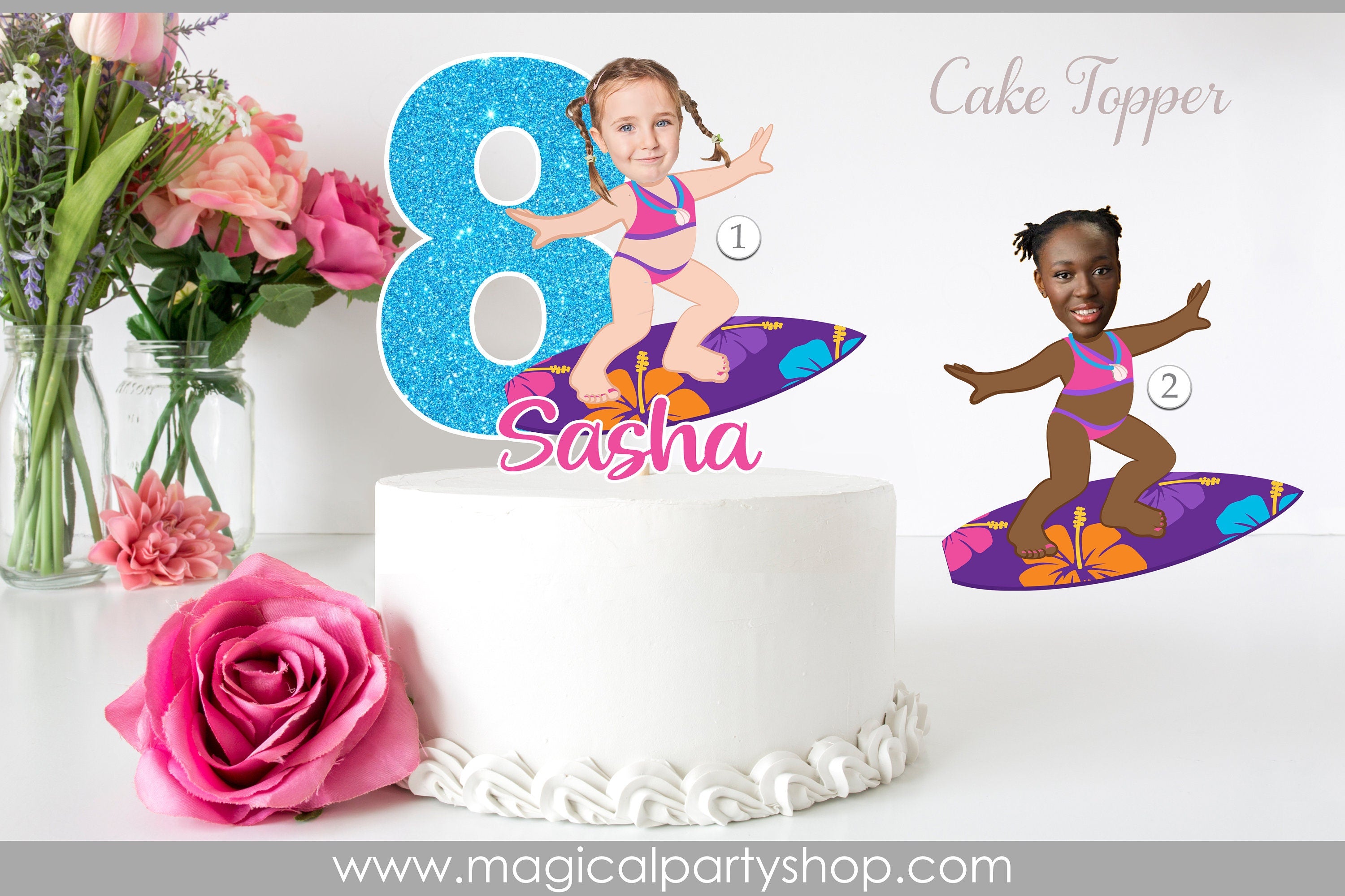 Surfer Girl Cake Toppers | Surfer Boy Cake Toppers | Face Photo Cake Toppers |  Cupcake Toppers | Cake Topper | Beach Party