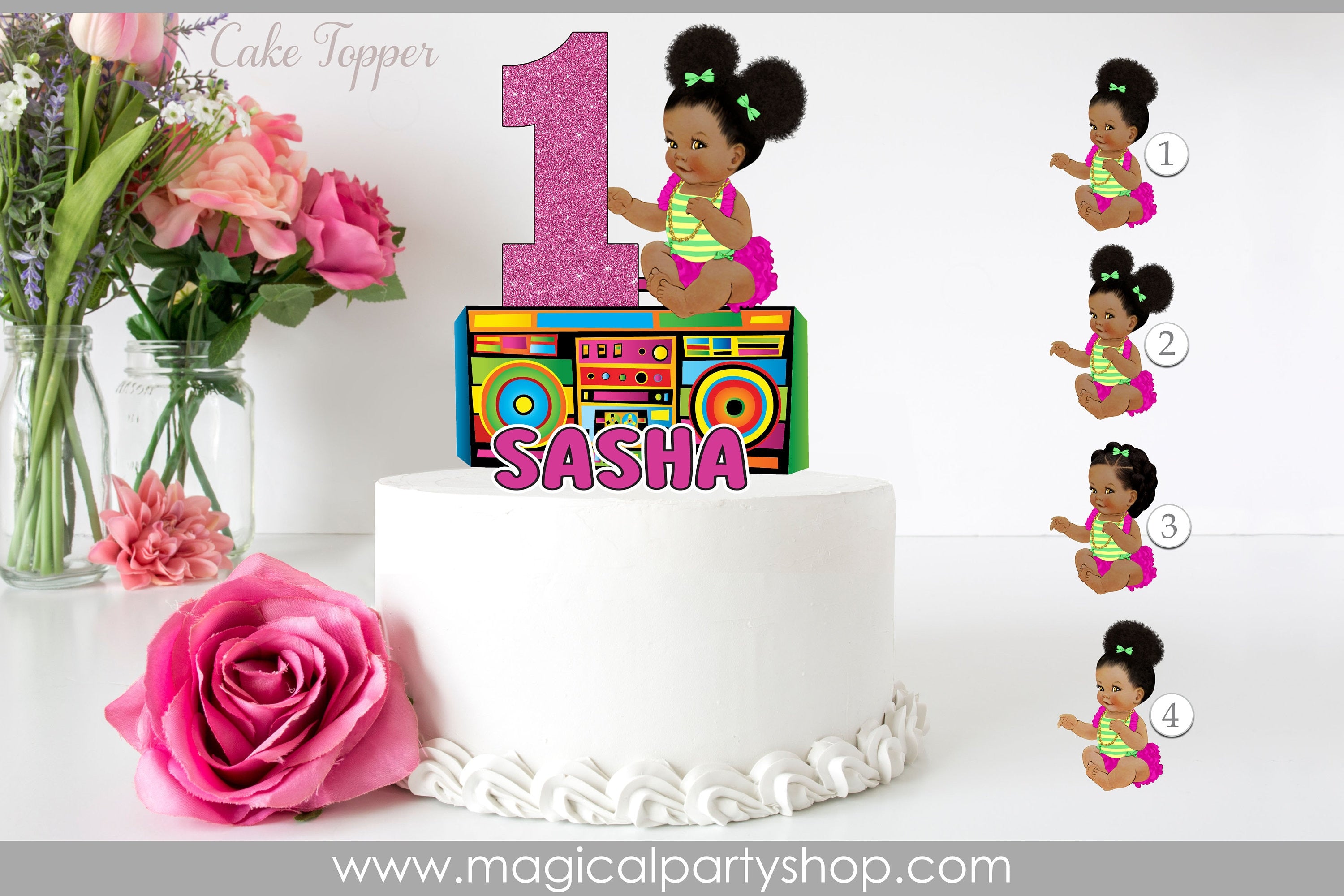 African American Princess Cake Topper | Pink Baby Prince Shower Cake Topper | Centerpiece | Boombox Cake Topper | First Birthday