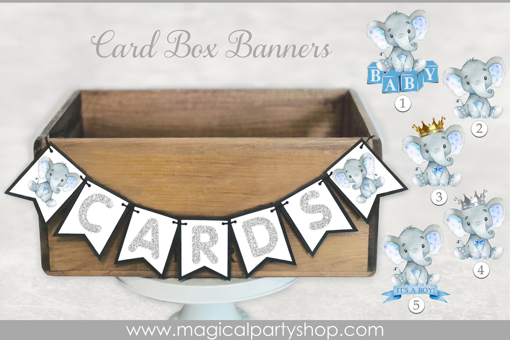 Elephant Baby Shower Card Box Banner | Elephant Party Decor | Elephant Cupcake Toppers | Boy Baby Shower | Silver Crown | Its a Boy