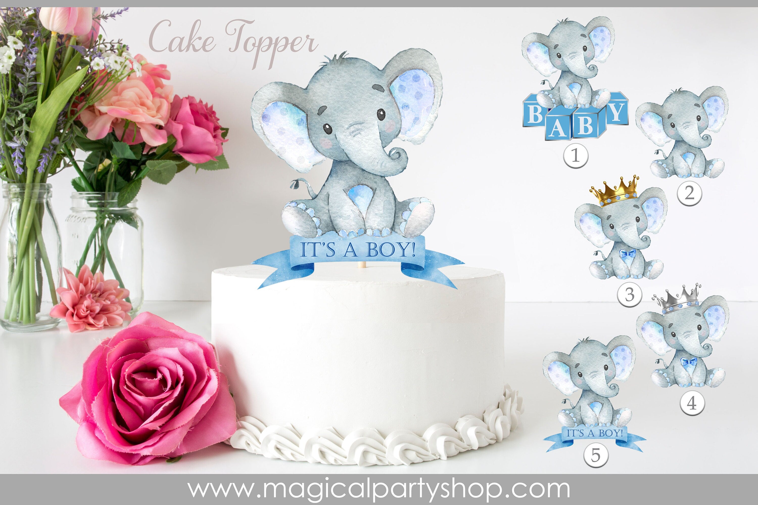 Elephant Cake Topper | Elephant, Giraffe, Lion Baby Shower Party Favors | Safari Animal Party | Its a Boy Cake Topper | Elephant Baby Shower