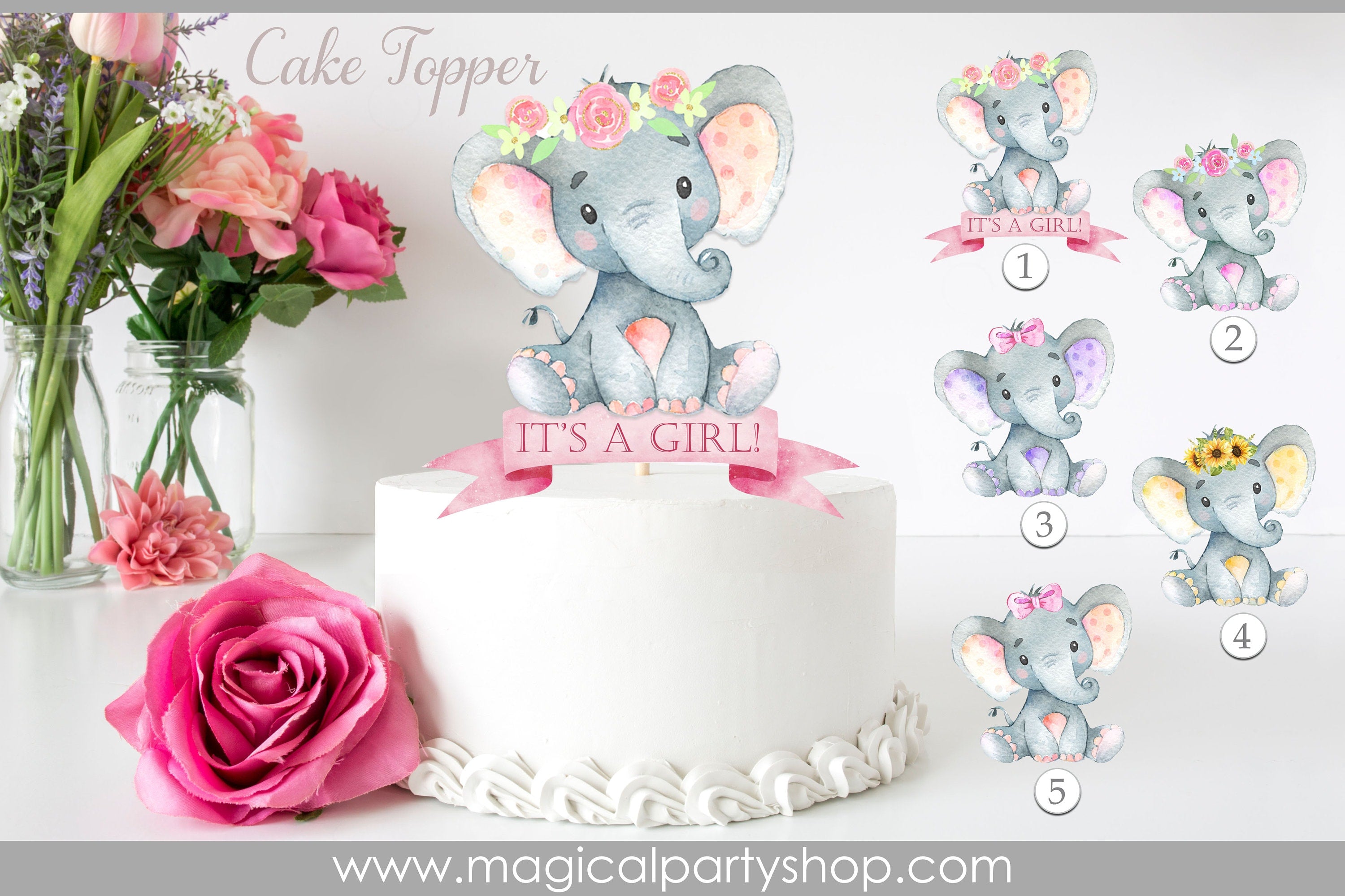 Elephant Cake Topper | Elephant Baby Shower Party Favors | Safari Animal Party | Its a Girl Cake Topper | Elephant Baby Shower