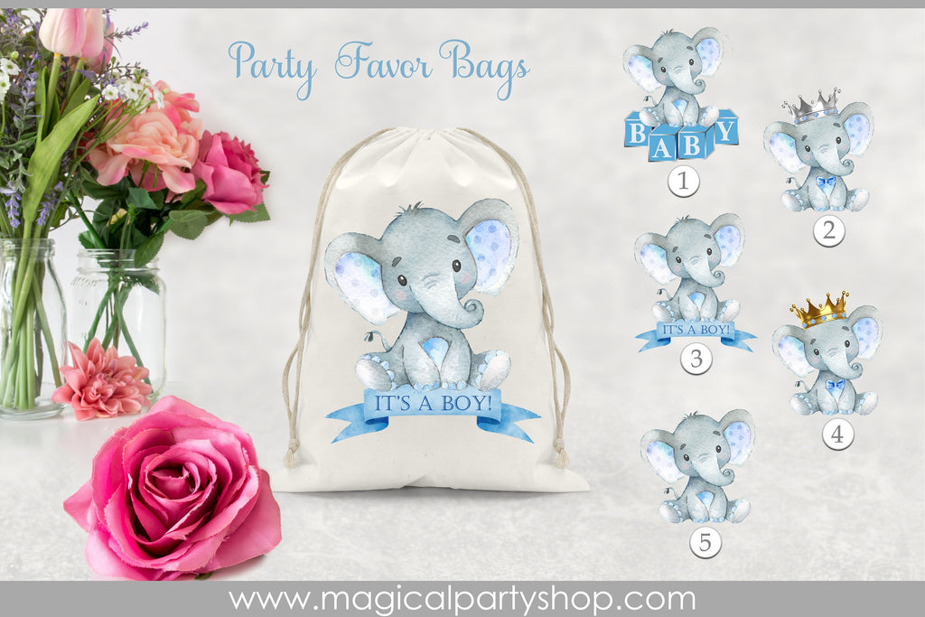 Elephant Baby Shower Party Favor Bags | Elephant Party Decor | Elephant Cupcake Toppers | Boy Baby Shower | First Birthday | Its a Boy