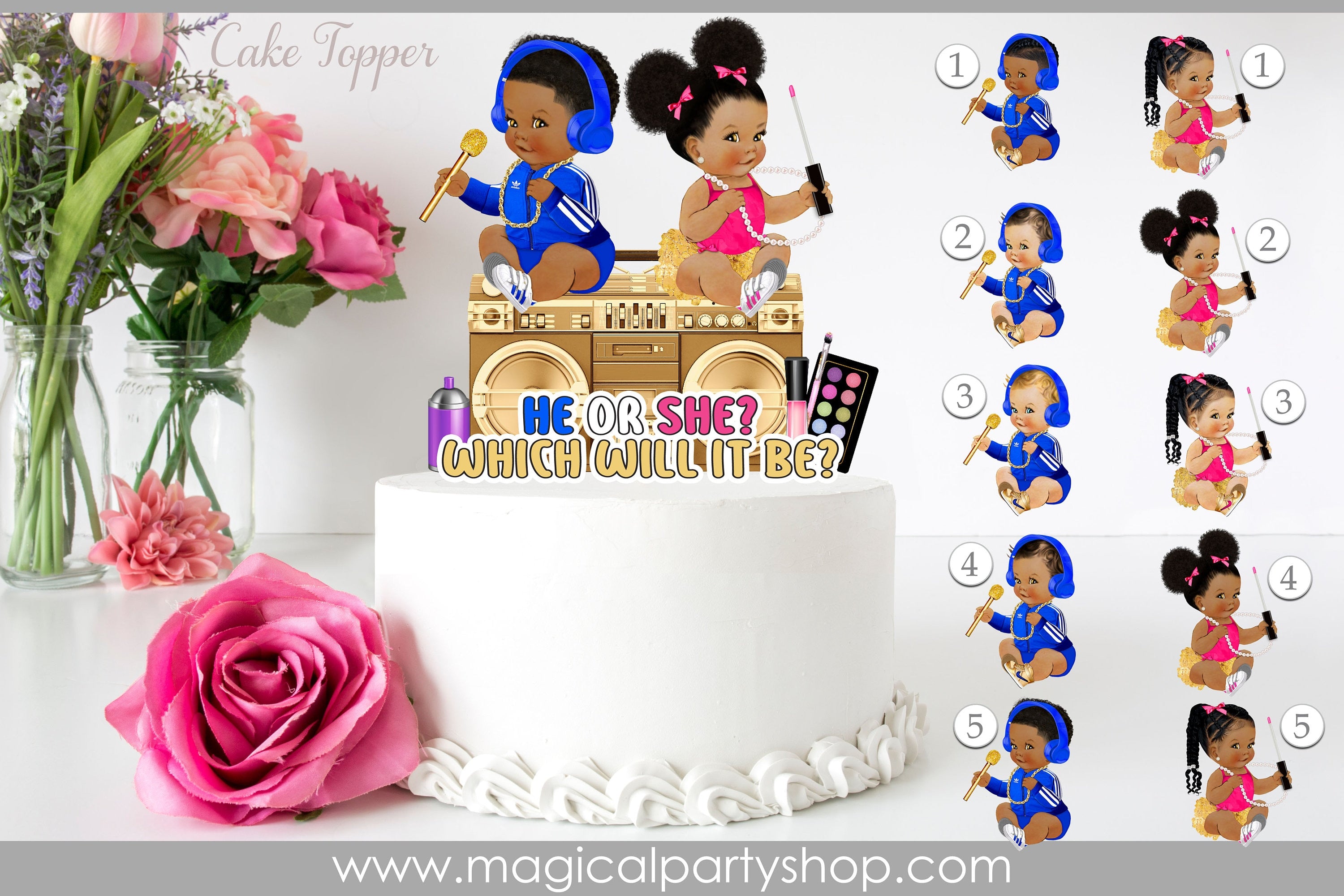Hip Hop Beauty Cake Topper | Vintage Baby Girl African American | Baby Shower | Pink Royal Blue Beauty Boombox Gender Reveal Cupcake toppers