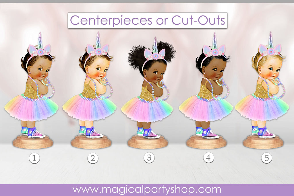 Personalized Baby Shower Centerpiece | Unicorn Princess l Rainbow Colors Tutu Sneakers | Vintage Baby Girl African American