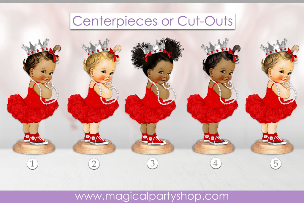 Personalized Baby Shower Centerpiece | Red and Silver Princess l Red Tutu Sneakers | Vintage Baby Girl African American | First Birthday