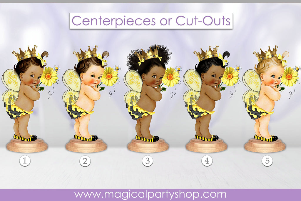 Personalized Baby Shower Centerpiece Sunflower Princess Ruffle Pants Yellow Black Bee Wings Gold Crown | Vintage Baby Girl African American
