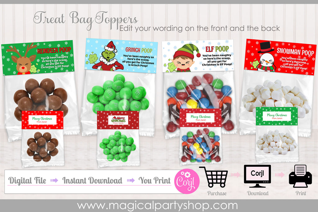 Reindeer Poop | Elf Poop | Snowman Poop | Class Christmas Party | Class Party | Poop Treat Bag Toppers | Instant Download | Party Favor