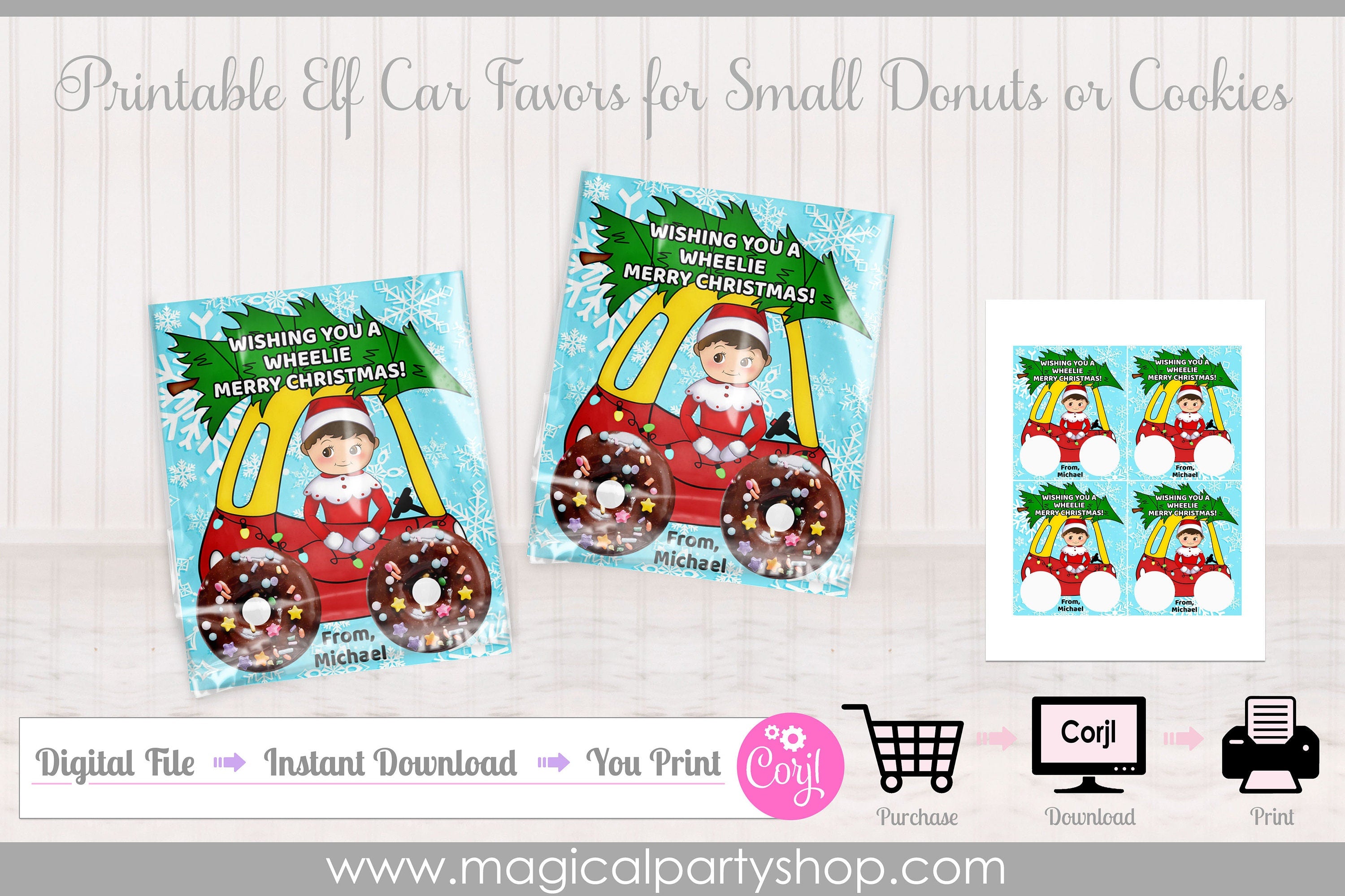 Christmas Elf Car Donut Labels | Truck Cookie Labels | Printable Christmas Favors | Printable School Classroom Treats | Christmas Party