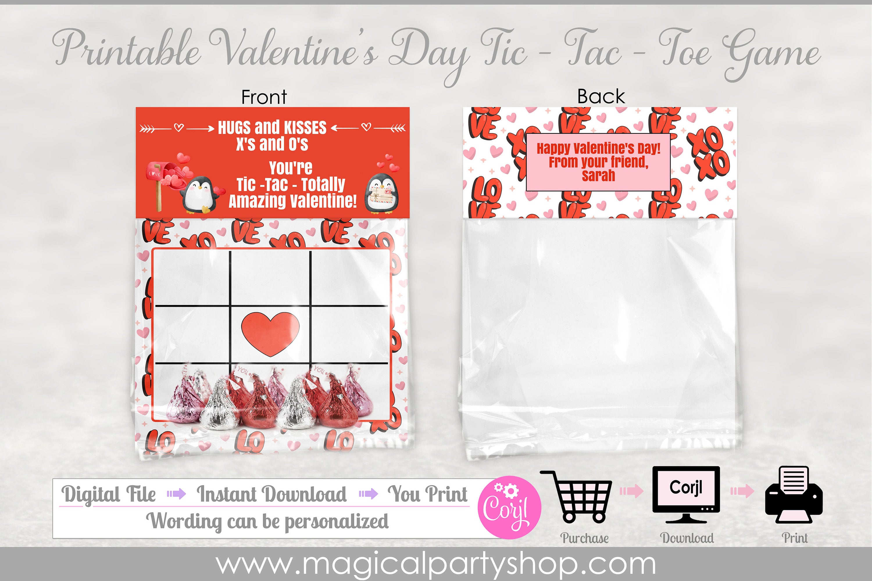 Valentine's Day Tic Tac Toe Cards| Personalized Valentine Tic Tac Toe Card with Matching Bag Topper | Kids Valentines Class Party Favors