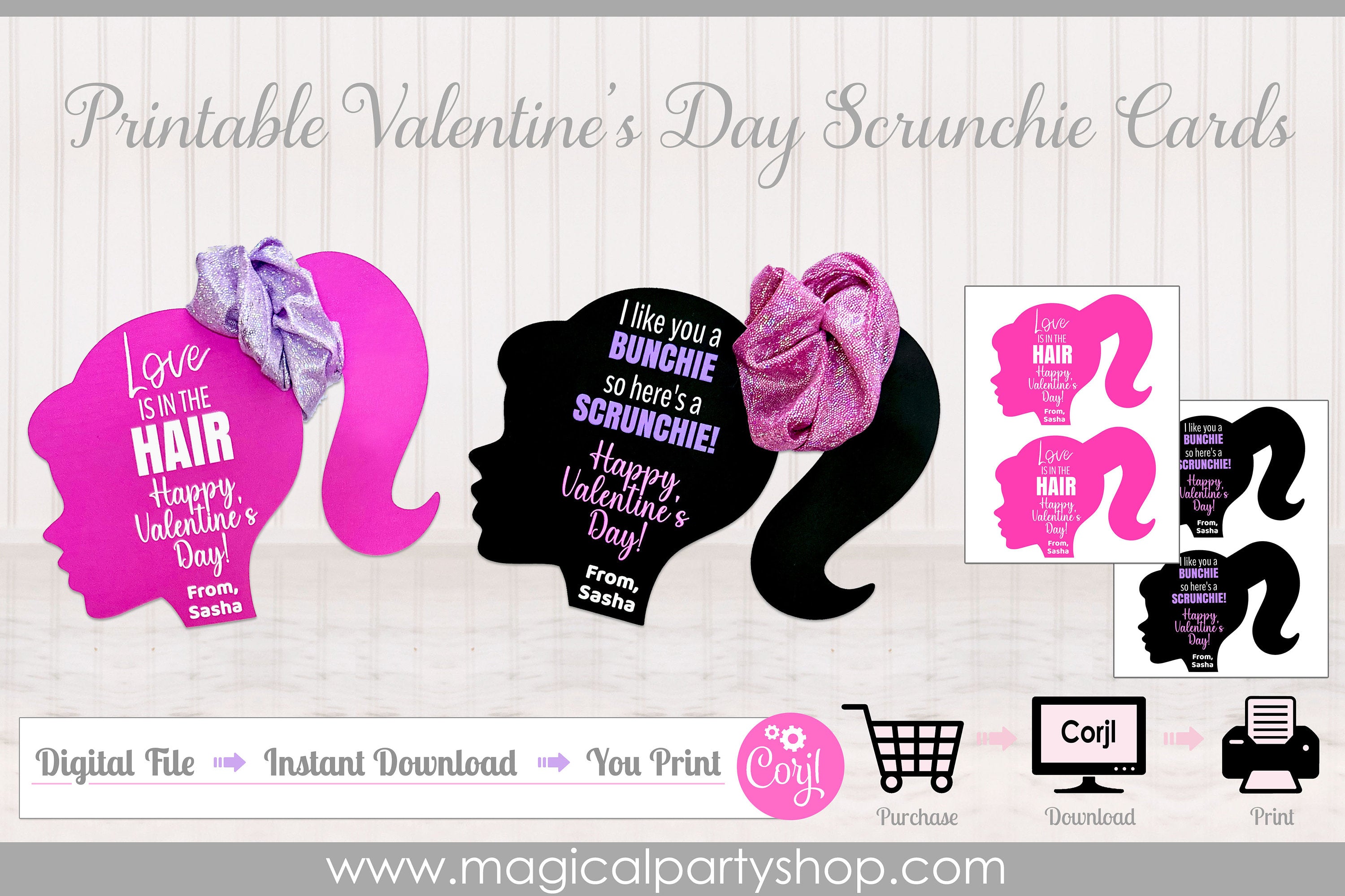 Scrunchie Valentine's Day Printable Card | Kids Valentine Card | School Valentine Class Party | Girls Valentine's Day | Instant Download