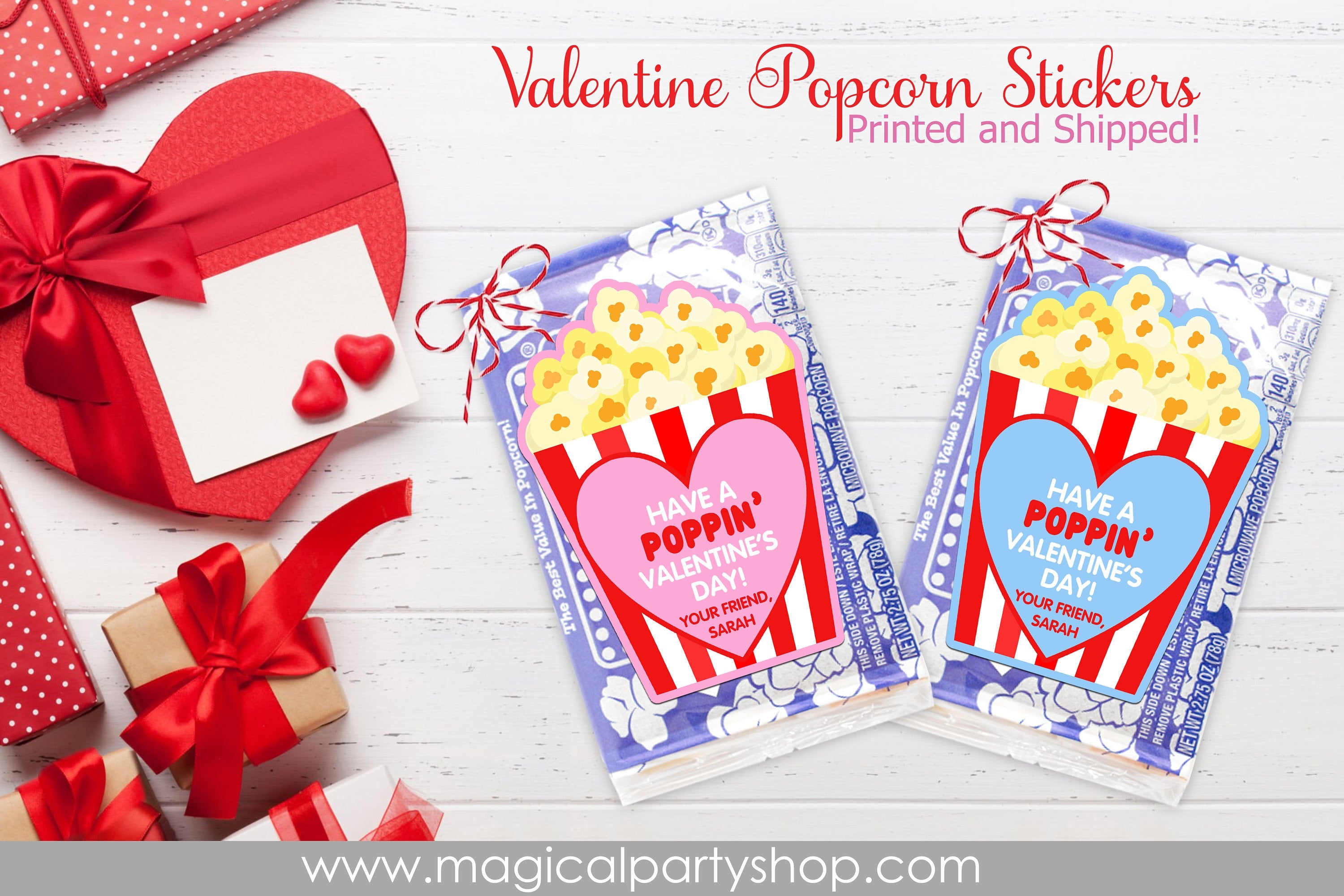 Valentines Day Popcorn Stickers | Valentine's Day Party Stickers | Boy Girl Kids Classroom Party Labels | Poppin' Valentines Stickers
