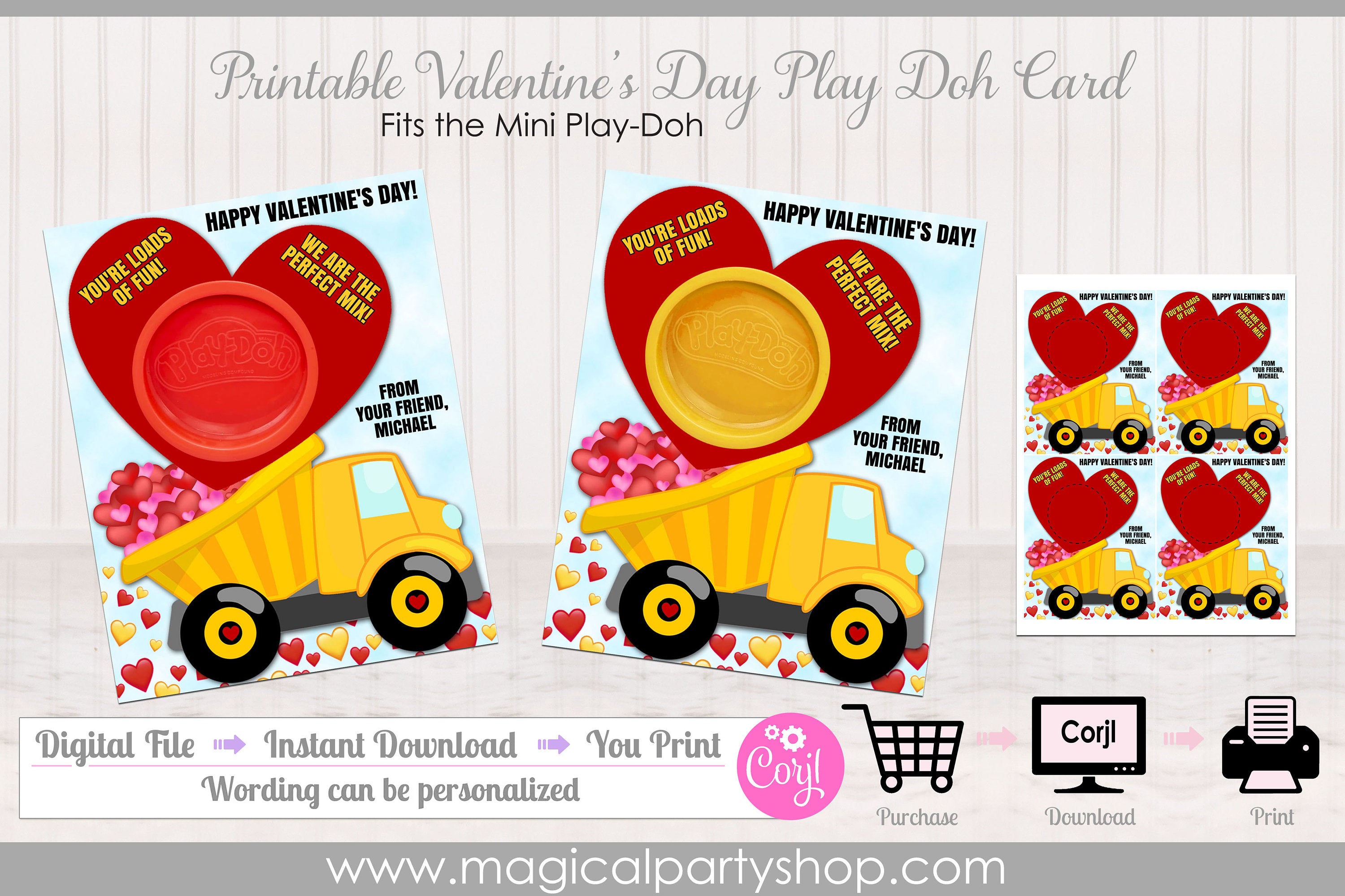 Construction Truck Play-Doh Valentines Gift Card | Printable Class Valentine Day Gifts | Playdoh Gift | Dump Truck | Valentines Class Party