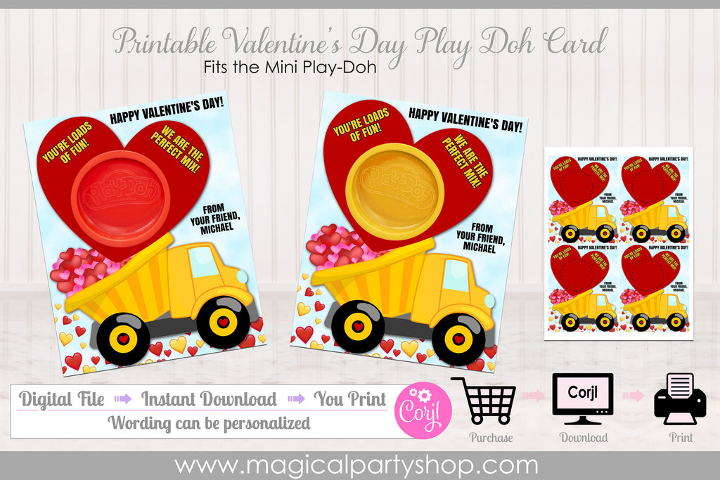 Construction Truck Play-Doh Valentines Gift Card | Printable Class Valentine Day Gifts | Playdoh Gift | Dump Truck | Valentines Class Party