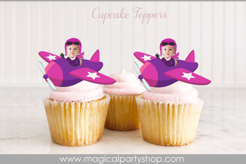 Airplane Birthday Cupcake Toppers | Photo Cupcake Toppers | Girl Aviator | Airplane Birthday | Airplane Party Decorations | First Birthday