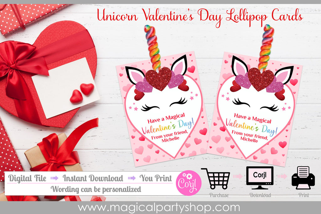 Valentines Day Magical Unicorn Lollipop Cards | Magical Rainbow Unicorn Valentine's Day Treat Tags Cards | Valentines Day Class Party Gift