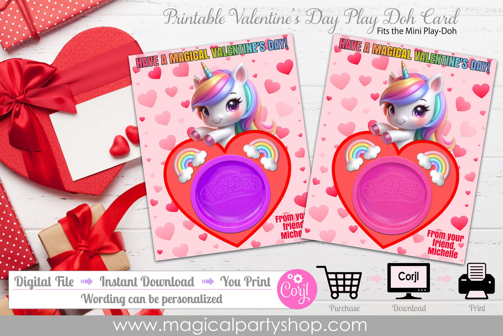 Valentines Day Magical Unicorn Play-Doh Valentines Gift Card | Printable Class Valentine Day Gifts | Playdoh Gift | Valentines Class Party