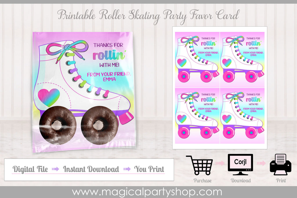 Printable Skate Party Favor Card | Print Out for Small Donuts or Cookies Cute | Roller Derby | Eighties Birthday Party | Can be Personalized