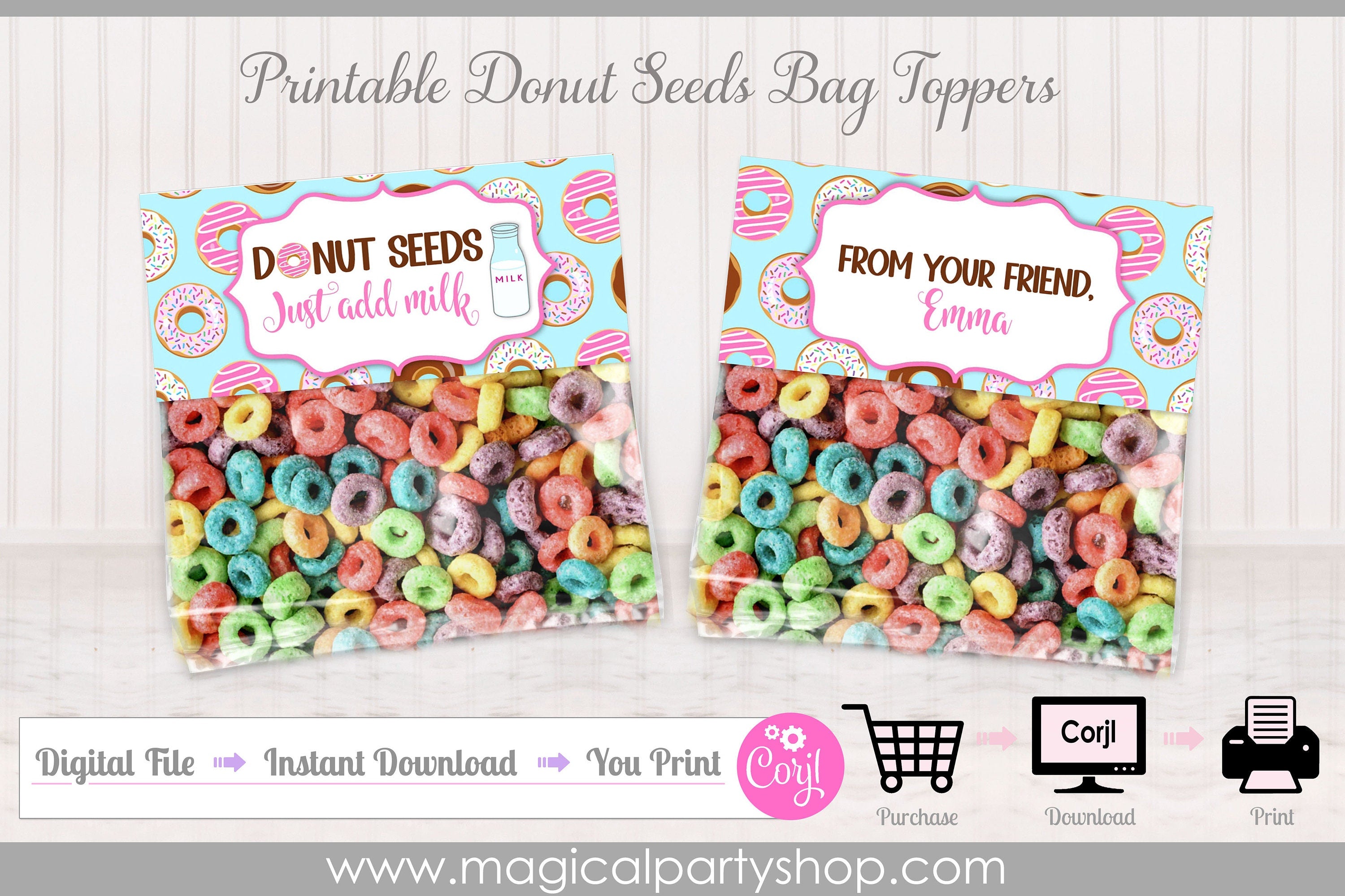 Donut Seeds Treat Bag Toppers | Donut Birthday Party Favors | Doughnut Bag Toppers | Printable Cereal Treat Tags | First Birthday